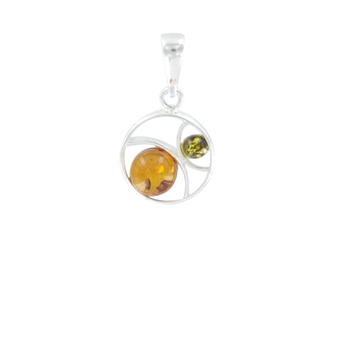 Lune d’ambre - Pendentif argent et 2 sphères ambre cognac/vert