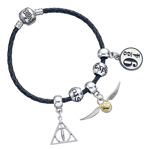 Ensemble Charm Harry Potter - Bracelet en cuir noir/Reliques de la mort/Vif d’or/Quai/2 perles de sort