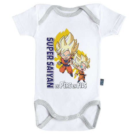 Super Saiyan de père en fils Goku & Goten - Body Bébé manches courtes DBS - Coton - Blanc et gris