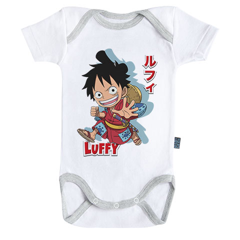 Luffy costume Wano - Body bébé manches courtes One Piece - Coton - Blanc couture grise