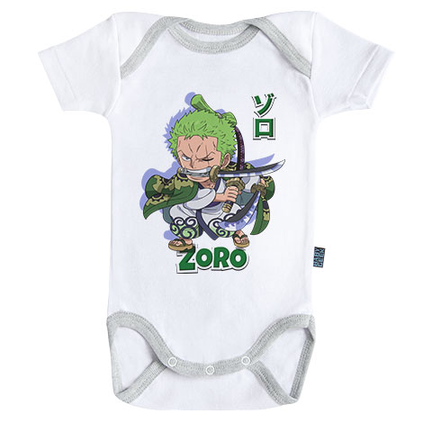 Zoro costume Wano - Body bébé manches courtes One Piece - Coton - Blanc couture grise