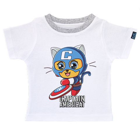 Captain Americat - T-shirt Enfant manches courtes - Coton - Blanc col gris