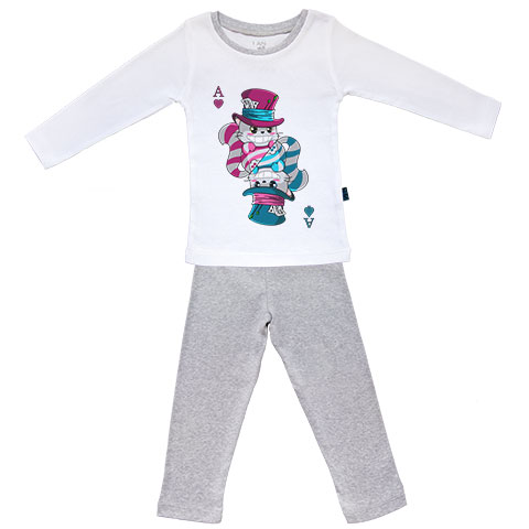 Chat du Cheshire Rose - Pyjama bébé manches longues - Coton - Blanc couture grise