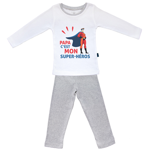 Papa c’est mon super-héros - Pyjama Bébé manches longues - Coton - Gris Chiné