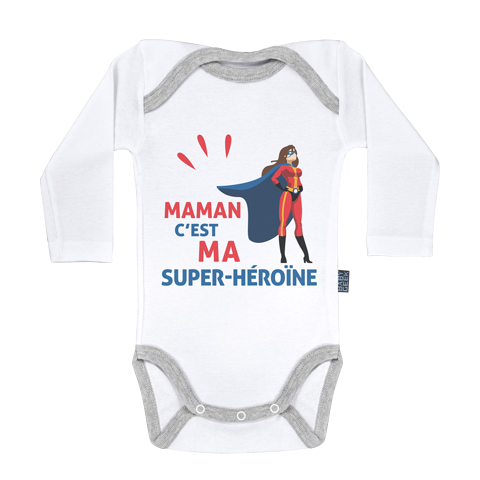 Maman c’est ma super-héroïne - Body Bébé manches longues - Coton - Blanc