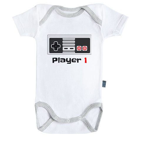 Player 1 rétro - A - Body Bébé manches courtes - coton blanc et gris