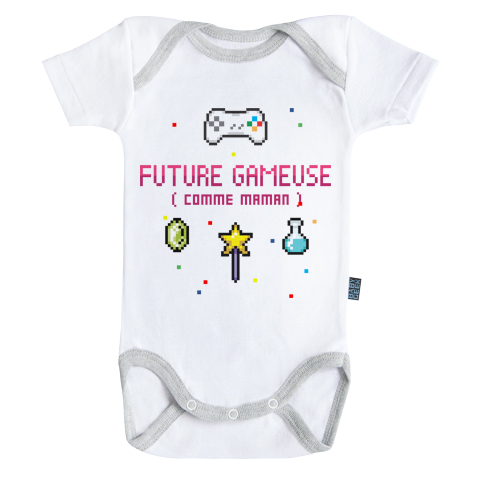 Coutures Grises Baby Geek Futur Gamer comme Maman Coton Blanc Body Bébé Manches Courtes