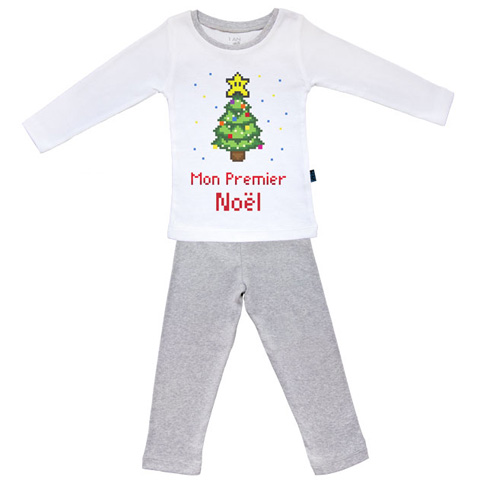 Mon premier Noël pixel - Pyjama Bébé manches longues - Coton - Gris Chiné