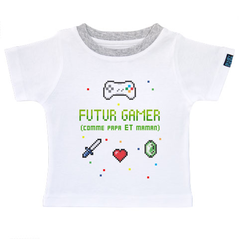 Futur gamer comme papa et maman - T-shirt Enfant manches courtes - Coton - Blanc col gris