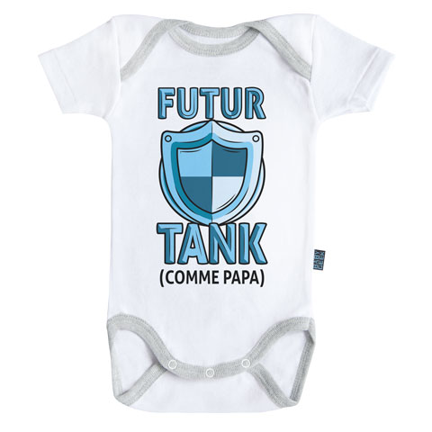 Futur tank comme papa (version garçon)- Body Bébé manches courtes - Coton - Blanc - Coutures grises