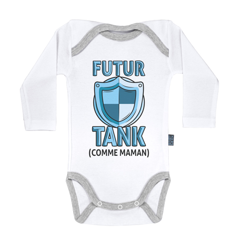 Futur tank comme maman (version garçon) - Body Bébé manches longues - Coton - Blanc - Coutures grises