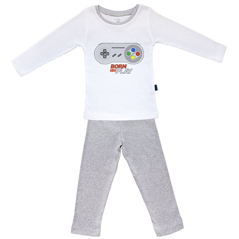 Born To Play - Pyjama bébé manches longues - Coton - Blanc couture grise