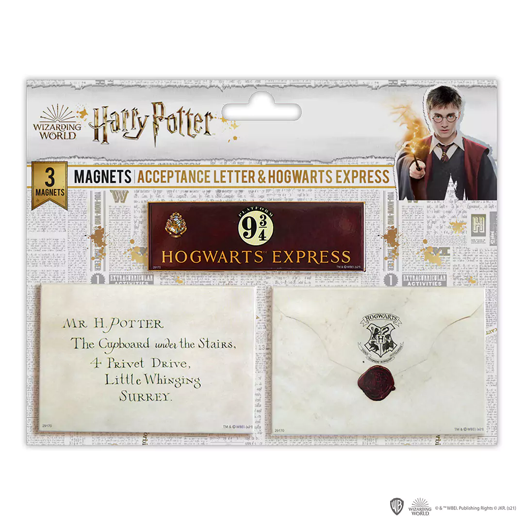 Set de 3 magnets - Lettre d’acceptation à Poudlard  + Plateforme 9 3/4 - Harry Potter